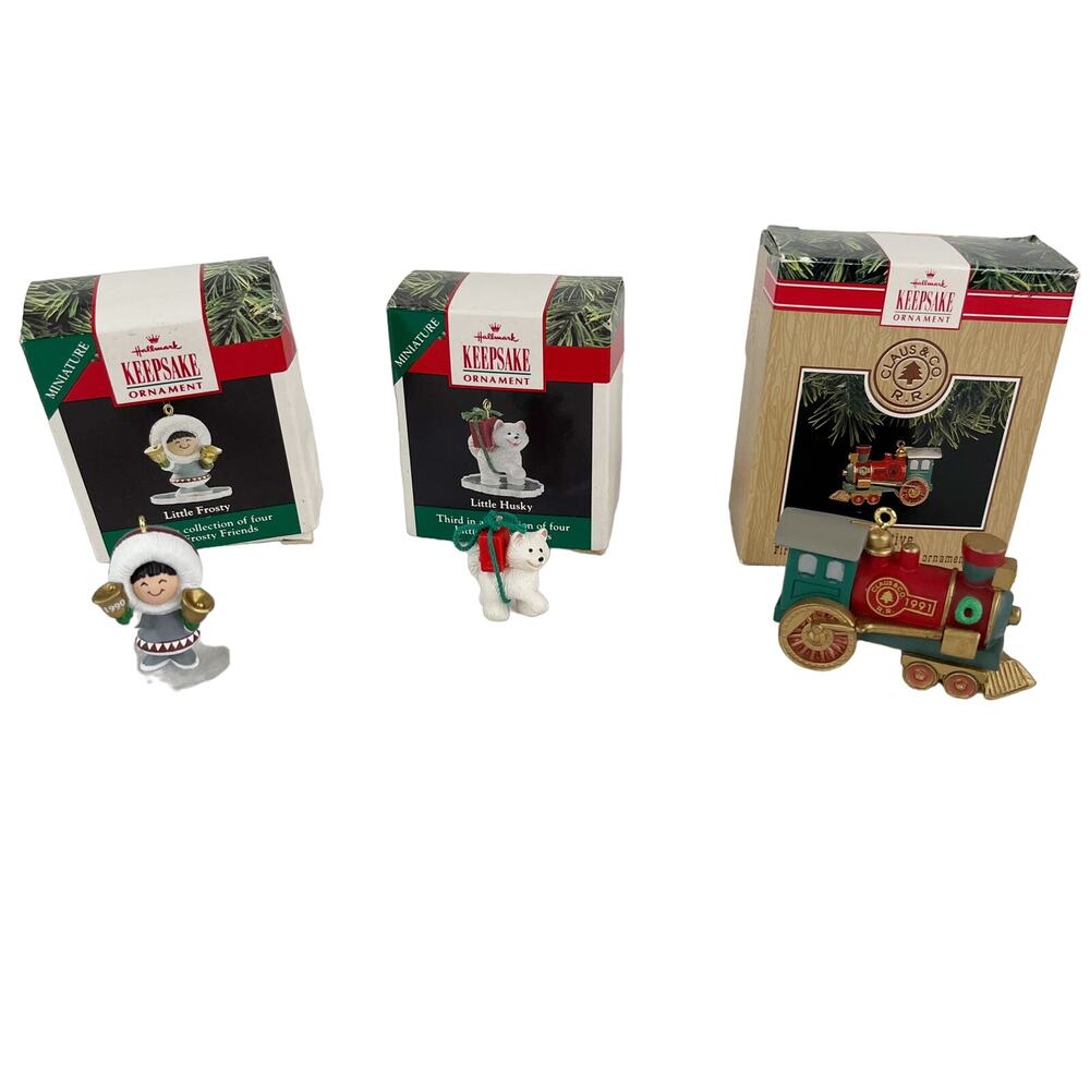 Lot 3 Vintage Hallmark Keepsake Ornaments Husky Locomotive Frosty